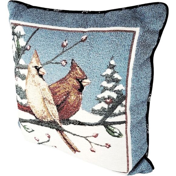 Vtg Cardinal Needlepoint Accent Throw Pillow Winter Forest Blue Red Birds - Picture 5 of 7